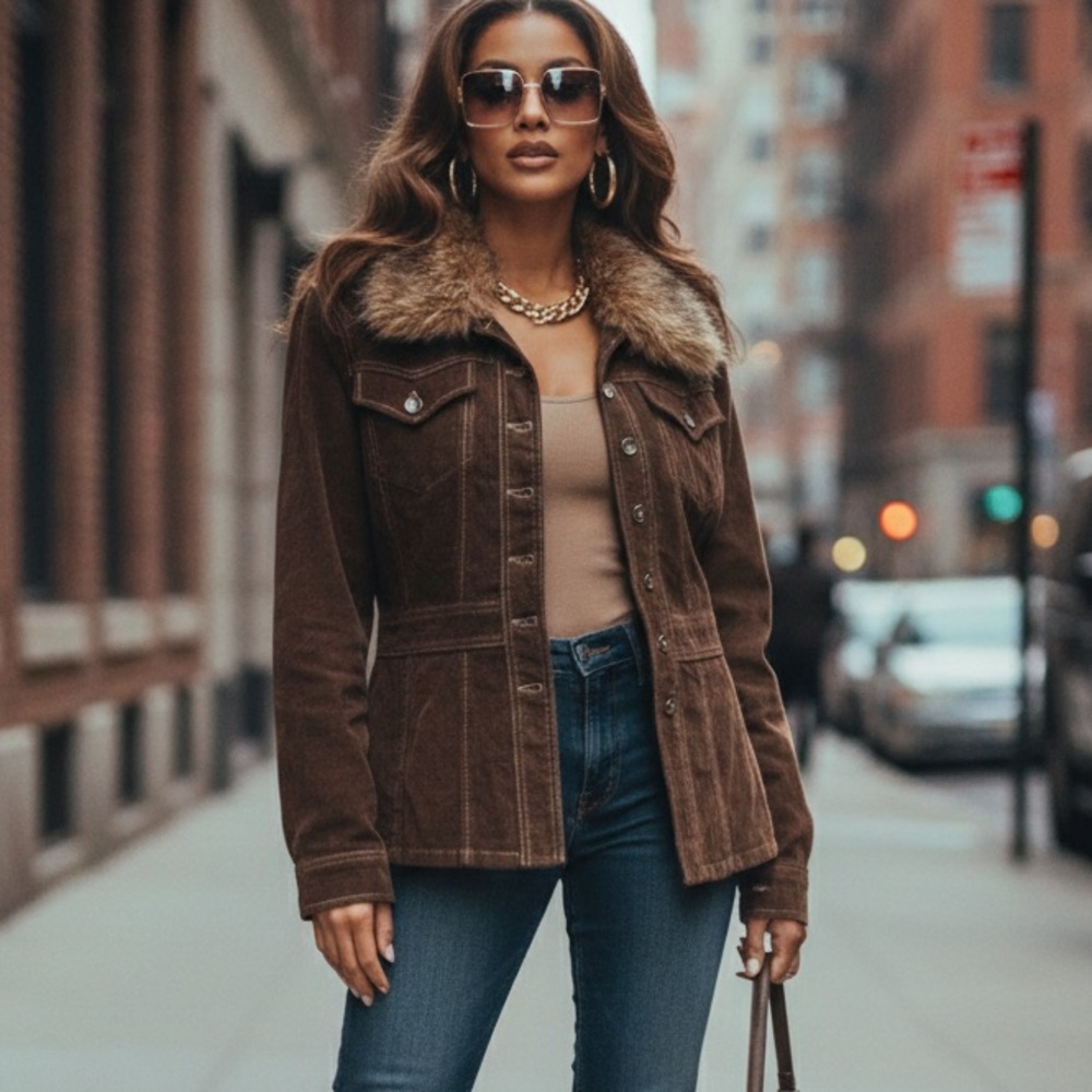 Vintage DKNY Jeans Corduroy Jacket Faux Fur Collar Women’s M Y2K 90s Mob Wife